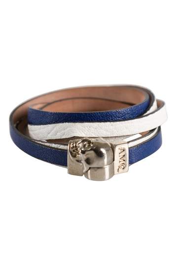 Pre Owned Alexander McQueen Blue & White Leather Magnetic Skull Wrap Around Bracelet