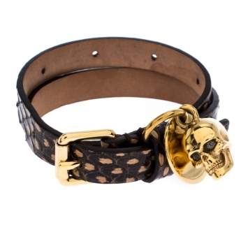 Pre Owned Alexander McQueen Snakeskin Leather Gold Tone Skull Charm Wrap Bracelet
