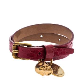 Pre Owned Alexander McQueen Snakeskin Leather Gold Tone Skull Charm Wrap Bracelet
