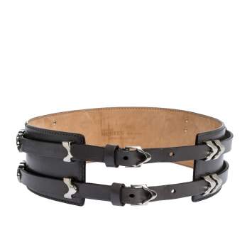 Pre Owned Alexander McQueen Grey Metal Detail Leather Double Buckle Waist Belt 75CM