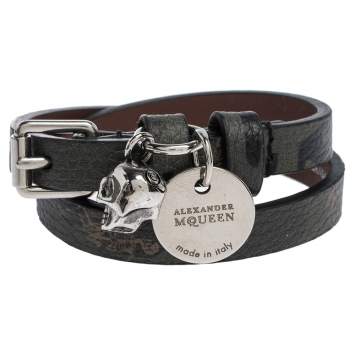 Pre Owned Alexander McQueen Skull Charm Leather Silver Tone Double Wrap Bracelet