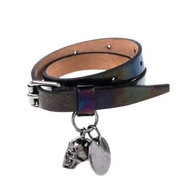 Pre Owned Alexander McQueen Metallic Oil Slick Leather Skull Charm Double Wrap Bracelet 