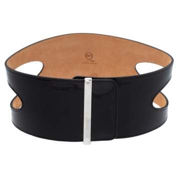 Pre Owned Alexander McQueen Black Cut Out Patent Leather Waist Belt 75CM