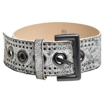 Pre Owned Alexander McQueen White/Black Textured Leather Wide Belt Size 75 CM