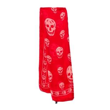 Pre Owned Alexander McQueen Red Skull Print Silk Scarf