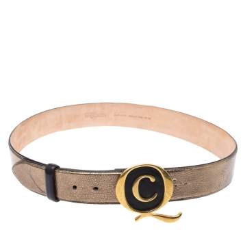 Pre Owned Alexander McQueen Metallic Bronze Leather Logo Buckle Belt Size 90 CM