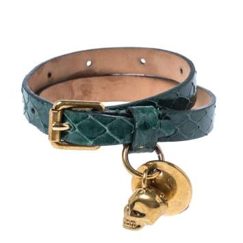 Pre Owned Alexander McQueen Green Snake Skin Crystal Skull Charm Gold Tone Double Wrap Bracelet