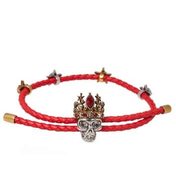 Pre Owned Alexander McQueen Crowned Skull Motif Crystal Two Tone Leather Bracelet