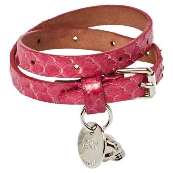 Pre Owned Alexander McQueen Pink Snakeskin Double Wrap Skull Bracelet