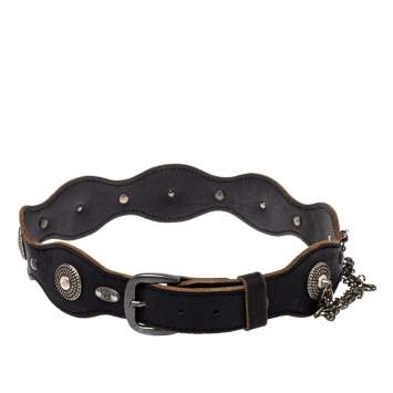 Pre Owned Alexander McQueen Black Leather Chain Detail Buckle Belt 75CM