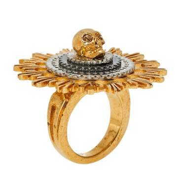 Pre Owned Alexander McQueen Two Tone Skull Flower Cocktail Ring Size 13