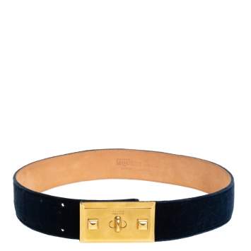 Pre Owned Alexander McQueen Navy Blue Velvet Buckle Waist Belt 65CM