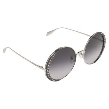Pre Owned Alexander McQueen Grey/Silver Metal Studded AM0311S Gradient Round Sunglasses