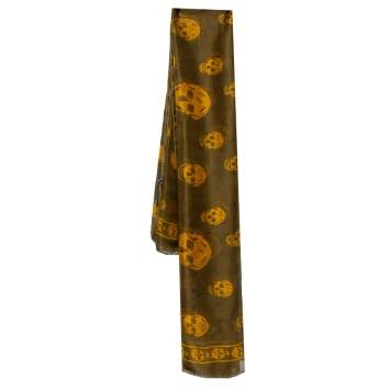 Pre Owned Alexander McQueen Olive Green Skull Print Silk Scarf