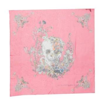 Pre Owned Alexander McQueen Coral Pink Floral Skull Print Silk Scarf
