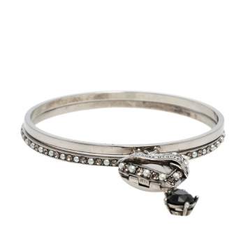 Pre Owned Alexander McQueen Antique Silver Tone Heart Locket Charm Layered Bangle Bracelet