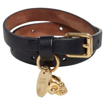 Pre Owned Alexander McQueen Skull Charm Black Leather Gold Tone Double Wrap Bracelet