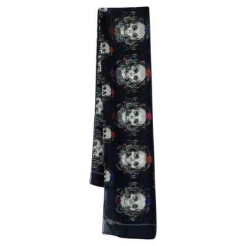 Pre Owned Alexander McQueen Grey Floral Skull Print Silk Scarf