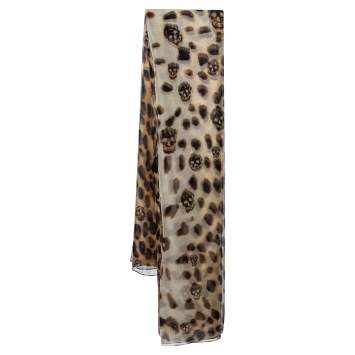 Pre Owned Alexander McQueen Brown Leopard Skull Print Silk Scarf