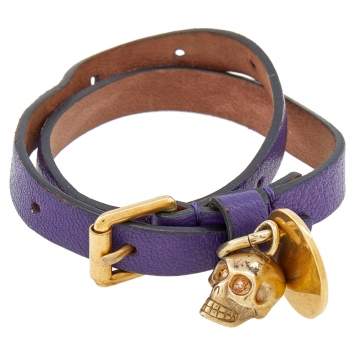 Pre Owned Alexander McQueen Skull Charm Purple Leather Double Wrap Bracelet