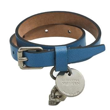 Pre Owned Alexander McQueen Blue Leather Skull Charm Double Wrap Bracelet
