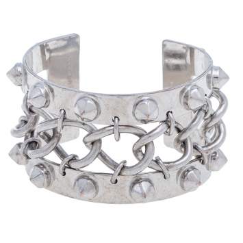 Pre Owned Alexander McQueen Silver Tone Studded Open Cuff Bracelet