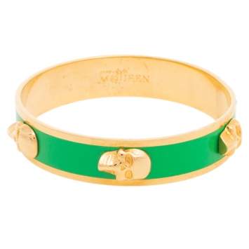 Pre Owned Alexander McQueen 3D Skull Green Gold Tone Bangle Bracelet
