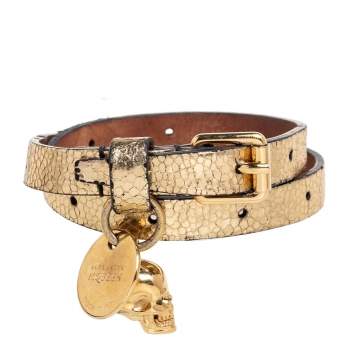 Pre Owned Alexander McQueen Gold Foil Print Snakeskin Double Wrap Skull Charm Bracelet