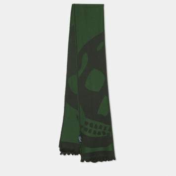 Pre Owned Alexander McQueen Green & Grey Scull Jacquard Wool Stole