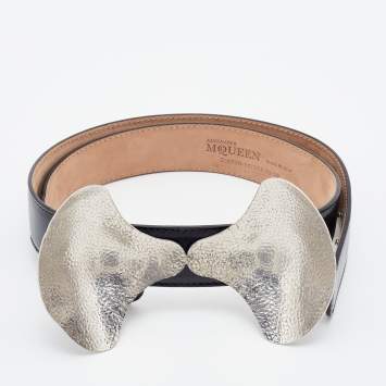 Pre Owned Alexander McQueen Black Leather Sculptured Metal Bow Belt 75CM