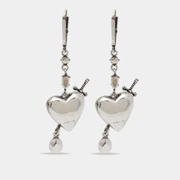 Pre Owned Alexander McQueen Heart Dagger Crystals Silver Tone Long Earrings