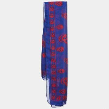 Pre Owned Alexander McQueen Royal Blue & Red Skull Silk Chiffon Scarf