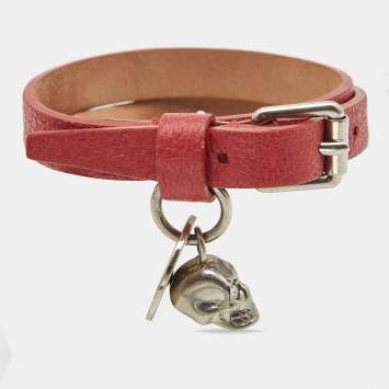 Pre Owned Alexander McQueen Red Leather Silver Tone Double Wrap Skull Charm Bracelet