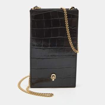Pre Owned Alexander McQueen Black Croc Embossed Glossy Leather Skull Plaque Chain Phone Case 