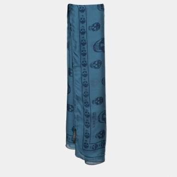 Pre Owned Alexander McQueen Slate Blue Skull Print Silk Chiffon Scarf