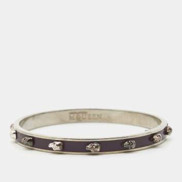 Pre Owned Alexander McQueen Enamel Skull Silver Tone Bangle Bracelet