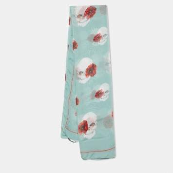 Pre Owned Alexander McQueen Pastel Green Skull & Floral Printed Silk Square Scarf
