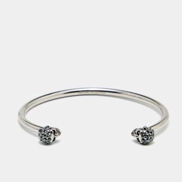 Pre Owned Alexander McQueen Skull Crystals Silver Tone Thin Bracelet