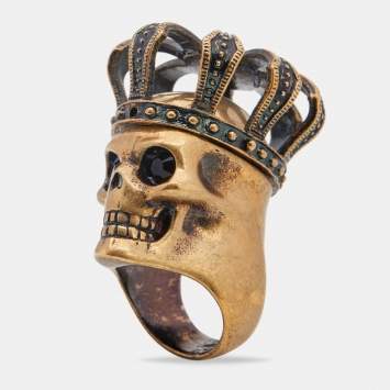 Pre Owned Alexander McQueen Gold Tone Crystal Eye Skull & Crown Ring Size 54