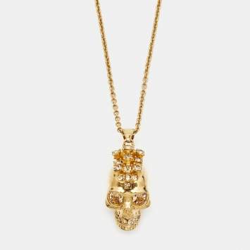 Pre Owned Alexander McQueen Skull Crytsals Gold Tone Pendant Necklace