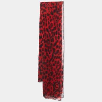 Pre Owned Alexander McQueen Red Animal & Skull Printed Silk Square Scarf