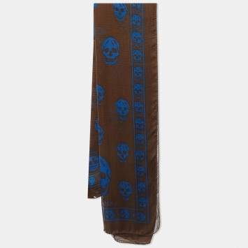 Pre Owned Alexander McQueen Brown Skull Print Silk Chiffon Scarf