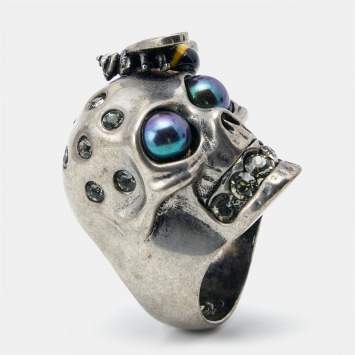 Pre Owned Alexander McQueen Bee Crystal Studded Skull Silver Tone Ring Size 51