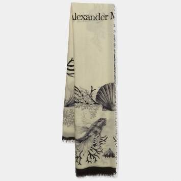 Pre Owned Alexander McQueen Ivory Underwater Graphic Print Wool Shawl 