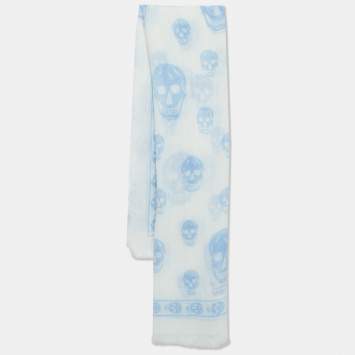 Pre Owned Alexander McQueen White Skull Print Modal and Cashmere Fringed Scarf