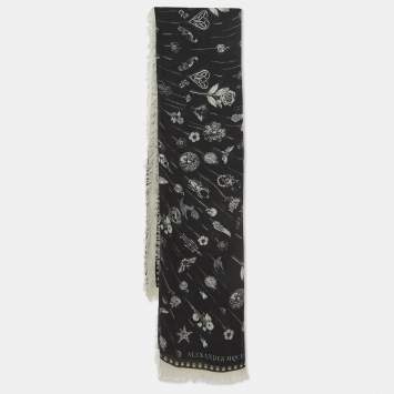 Pre Owned Alexander McQueen Black Butterfly Skull Print Modal and Wool Scarf