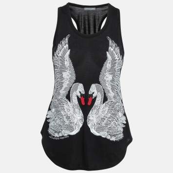 Pre Owned Alexander McQueen Black Swan Embroidered Cotton Tank Top S
