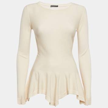 Pre Owned Alexander McQueen Cream Wool Knit Full Sleeves Top M