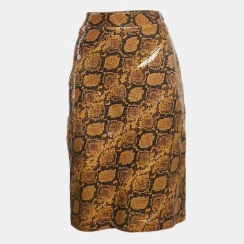 مملوكة مسبقًا Alexander McQueen Brown Snakeskin Pattern Patent Leather Pencil Skirt M