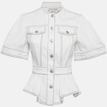 Pre Owned Alexander McQueen White Contrast Stitch Denim Peplum Style Top S
